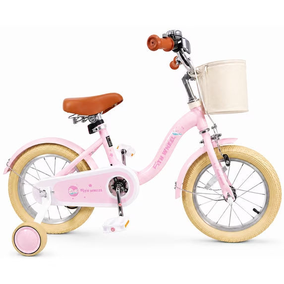 5TH WHEEL KB10-16 Kids Bike for Girls, 16-Inch Kids Bicycle with Training Wheels, Basket and Bell, Pink