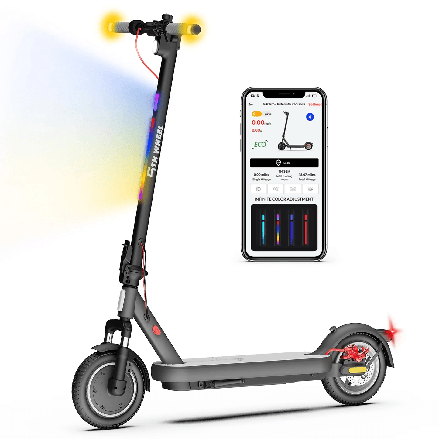 5TH WHEEL WES14 Electric Scooter for Adult, 10" Solid Tires, 400W Motor 20mph & 24.9Miles Range, Foldable Commuting E-Scooter with Dual Suspension & Brakes, App Control, Ambient Light