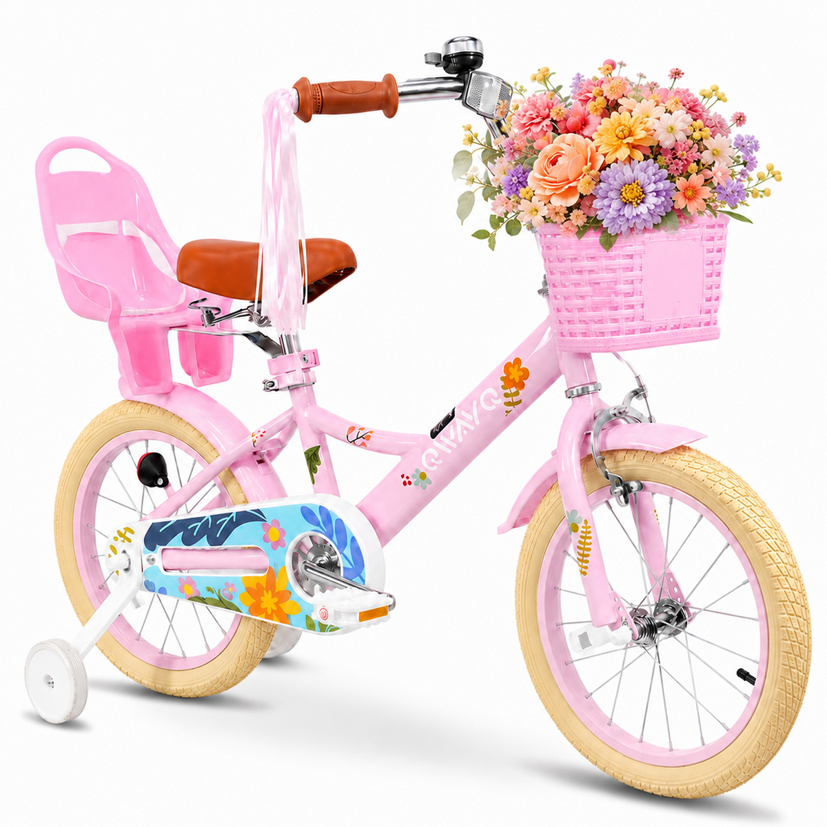 QWAYQ Kids Bike for 3-5 Years Old, 14" Children Bicycle with Training Wheels, Doll Seat and Basket, Girl's Bikes with Handbrake, Pink