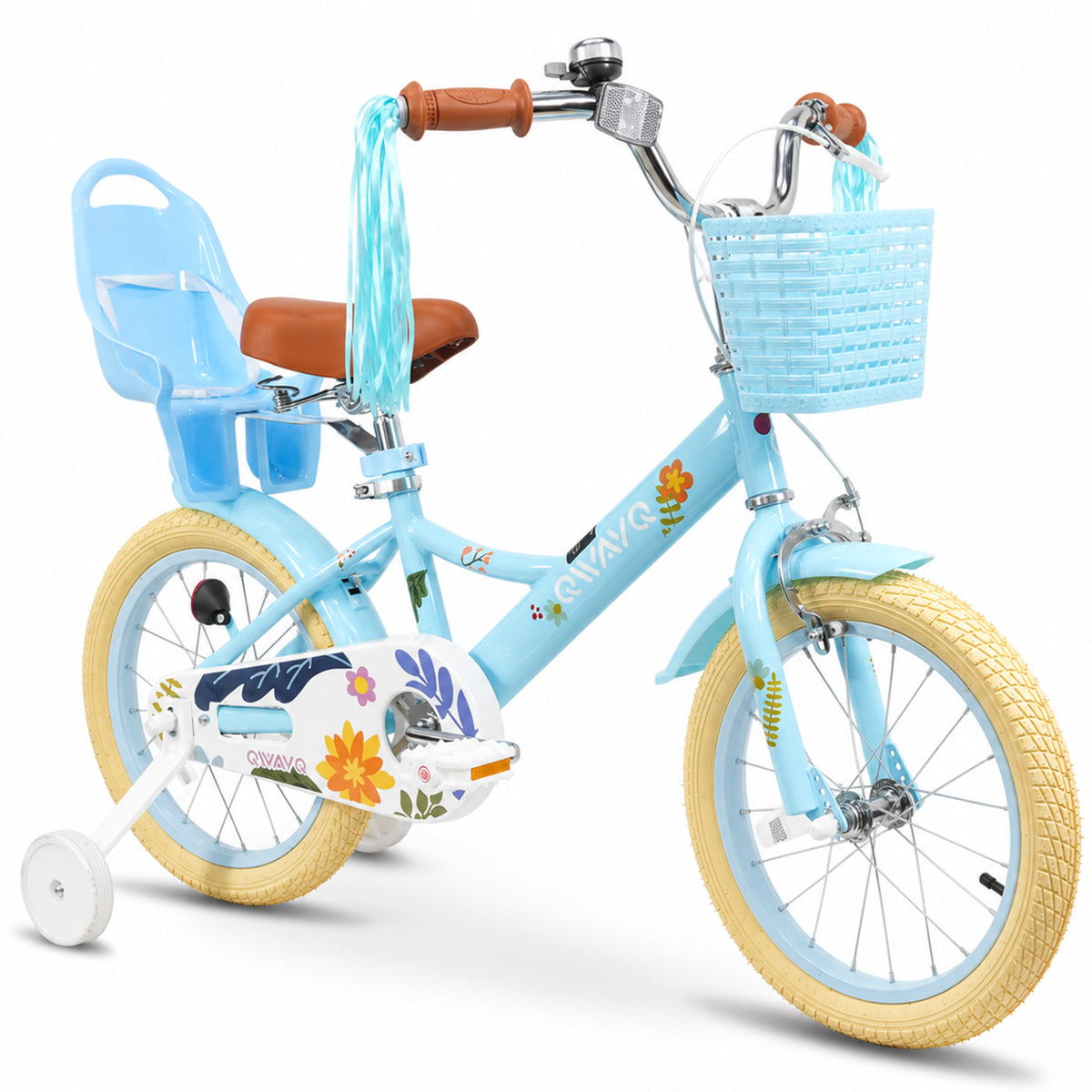 QWAYQ Kids Bike for 4-7 Years Old, 16" Children Bicycle with Training Wheels, Doll Seat and Basket, Girl's Bikes with Handbrake, Blue